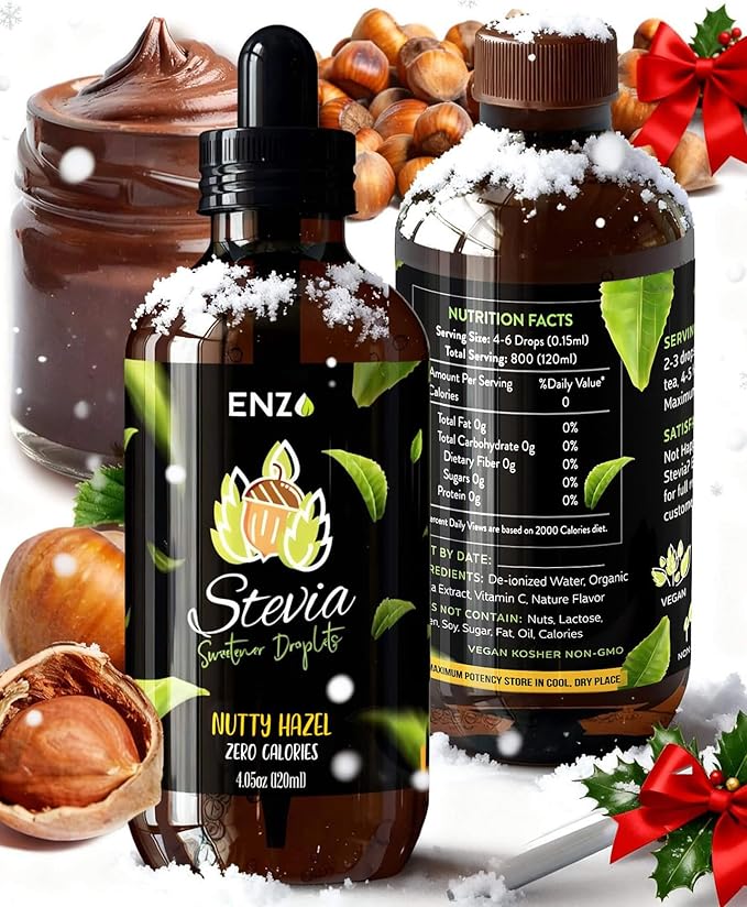 Enzo Liquid Stevia Drops Our Zero Calories Sweetener (4oz - 800 Servings/Bottle) - Nutty Hazel - All Natural flavoring with No Artificial Additives & Filler Ingredient