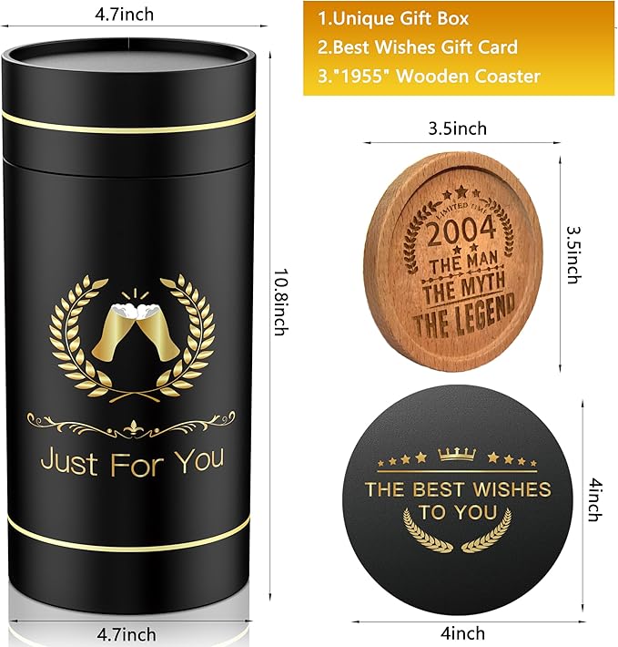 21st Birthday Beer Glasses Gifts, Personalized '2004' Vintage Glass Ware Set for Men, Black Gift Package with Drinking Glass, Coaster, and Card for 21 Years Old Man