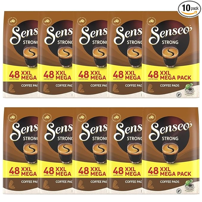 Senseo Strong Dark Roast Coffee Pods, 48 Count (Pack of 10) - Single Serve Coffee Pods Bulk Pack for Senseo Coffee Machine - Compostable Coffee Pods for Hot or Iced Coffee, Cold Brew Coffee