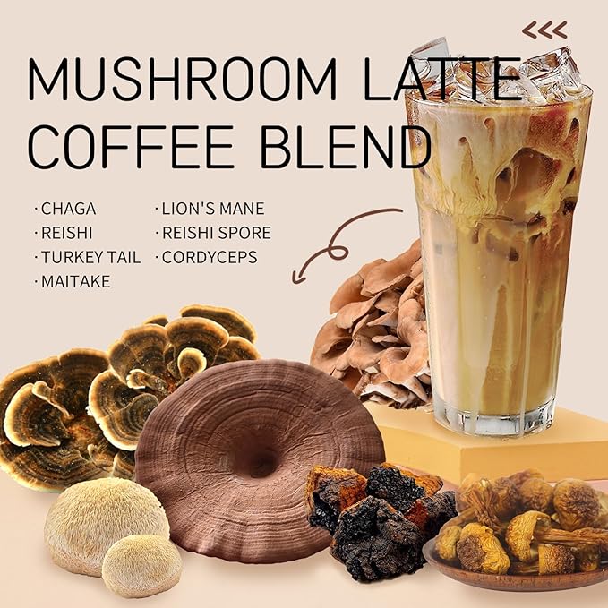 7 in 1 Mushroom Coffee Mix, Instant Latte Coffee Blend Nootropic Cafe Complex with Reishi, Lion’s Mane, Chaga, Turkey Tail, Maitake, Cordyceps for Energy Focus Immune Boost (10 Servings)