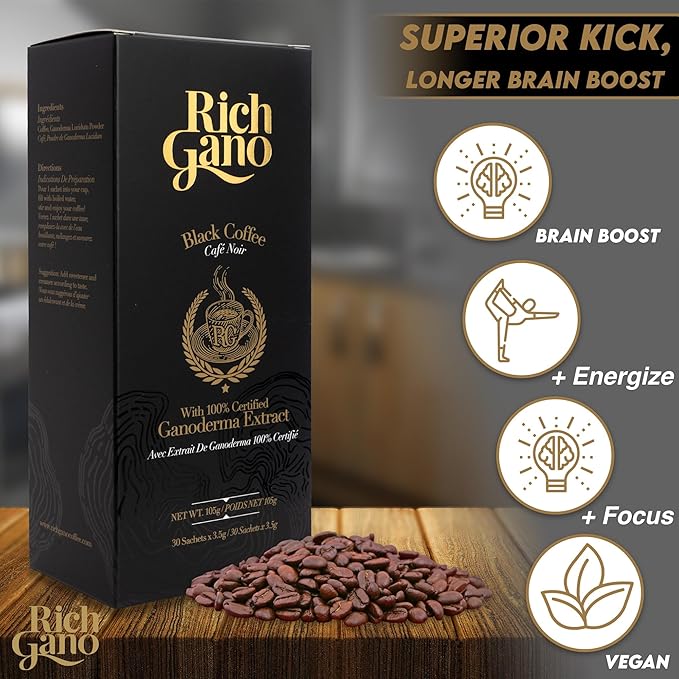 Rich Gano Reishi Mushroom Coffee – (1 Box of 30 Sachets) Black Coffee with Ganoderma Extract – All Natural Vegan Friendly Instant Coffee Packets – Zero Jitters Energize Ganoderma