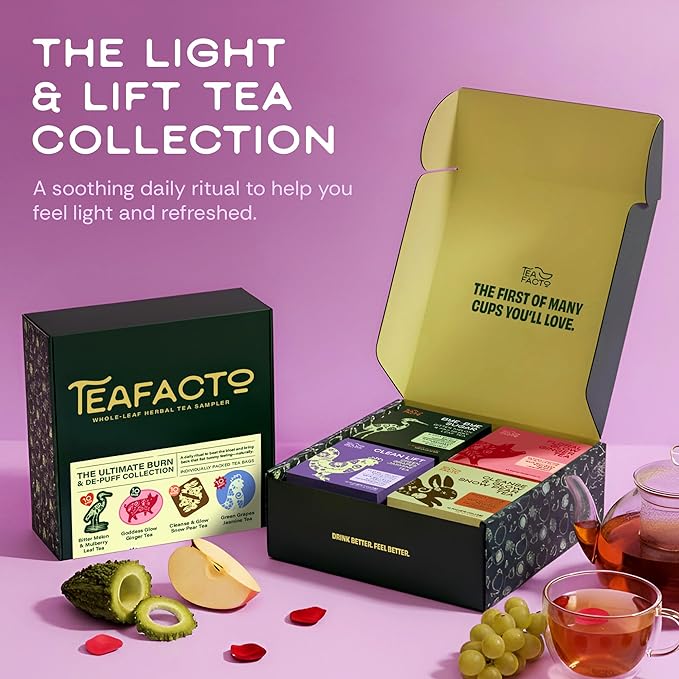 Tea Facto Herbal Tea Sampler Set Depuff Collection with Bitter Melon, Mulberry Leaf, Ginger, Pear & Green Grapes Jasmine - Fancy Tea Sampler Gift Set Box - Natural Fiber, Zero Added Sugar - 40 Count