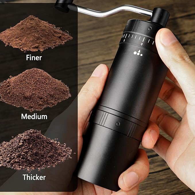 Manual Coffee Grinder with 7 Star Stainless Steel Conical Burr, Portable Coffee Grinder with External Adjustable Grind Setting (Black)