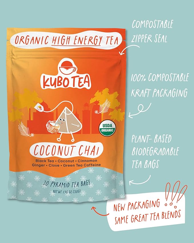 High Caffeine Tea (155 mg) - Kubo Tea: Organic Coconut Chai Black Tea Bags for Clean Energy & Focus | Healthy Coffee Substitute | Spiced Caffeine Blend | 20 Ct | Compostable Packaging