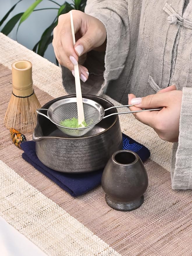 Artcome Matcha Tool Set - Complete Kit with Matcha Bowl with Spout, Bamboo Whisk, Tea Scoop, Whisk Holder, Scoop Holder, Tea Cloth & Powder Strainer, Antique Finish