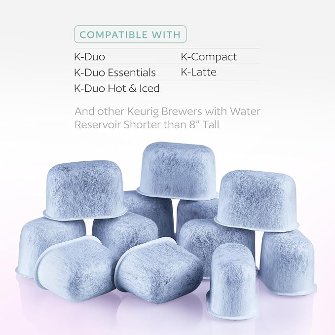 Water Filter Holder and 12 Water Filters for Keurig K-Compact, K-Duo Hot & Iced, K-Duo, K-Duo Essentials, K-Latte - for Use in All Keurig Brewers with Water Reservoir Shorter than 8” Tall