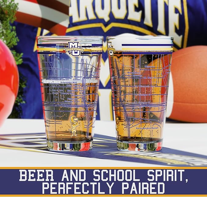 Greenline Goods – University of Marquette Golden Eagles College Pint Beer Glasses (Set of 2), 16 oz – Full-Color Logo + Campus Map