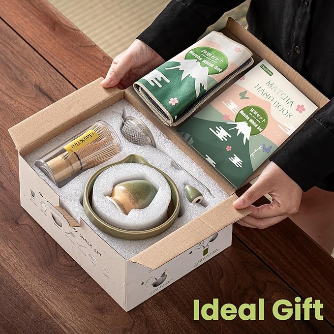 Matcha Whisk Set，9 Pcs Ceramic Matcha Set, 15 OZ Matcha Bowl with Spout and Whisk for Friend, Ideal Gift for Matcha Lover（Starry）