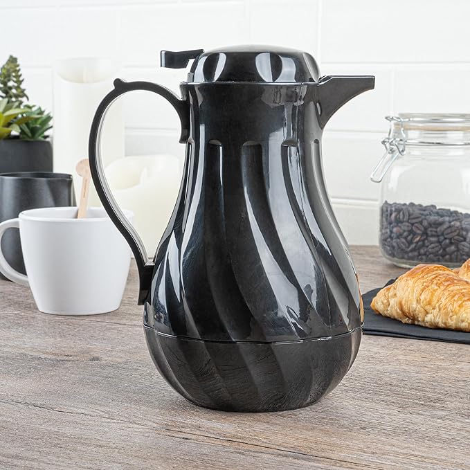 Restaurantware-Restpresso 20 Ounce Coffee Carafe, 1 Insulated Coffee Server - Push-Button Top, Swirl Design, Black Plastic Pitcher, Built-In Handle, With Identification Tags