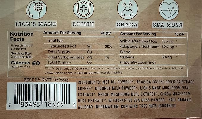 Elderwise Coffee - Latte - Lion's Mane, Chaga, Reishi, Cordyceps, MCT Oil, Coconut Cream & Sea Moss - 12 Servings - Freeze Dried Instant Coffee - Chemical free - Fair Trade