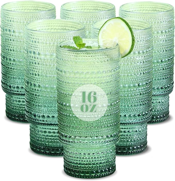 6pcs Hobnail Drinking Glasses Set, 16 oz Vintage Glassware Drinking Glasses, Gradual Dark Green Water Glasses Tumbler, Cups for Kitchen, Juice, Beer, Cocktail, Whiskey