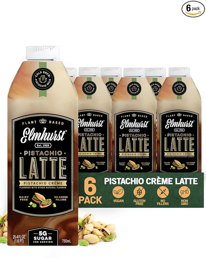 Elmhurst 1925 Pistachio Crème Latte – Plant-Based, Vegan, Dairy-Free Plant Milk Latte Made of Pistachio Milk, Cold Brew Premium Arabica with 95mg Caffeine & Sweet Cream Notes – 25.4oz (Pack of 6)