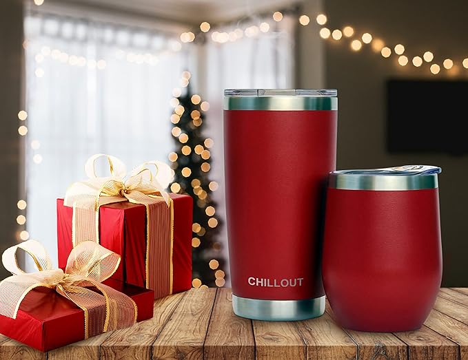 CHILLOUT LIFE 12 oz Stainless Steel Wine Tumbler with Lid - Double Wall Vacuum Insulated Wine Cup Glass Keeping Cold & Hot for Coffee, Champagne, Cocktails, Ice Cream - Powder Coated Red
