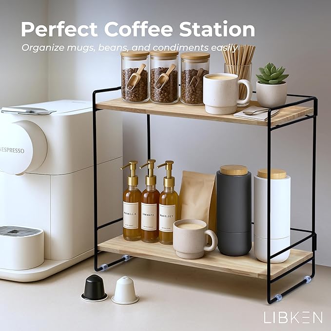 Wooden Coffee Bar Rack – 2-Tier Countertop Organizer with Detachable Back Rails – Minimal Scandinavian Design Storage Shelf for Kitchen, Office, Coffee Station, Bar & Bathroom