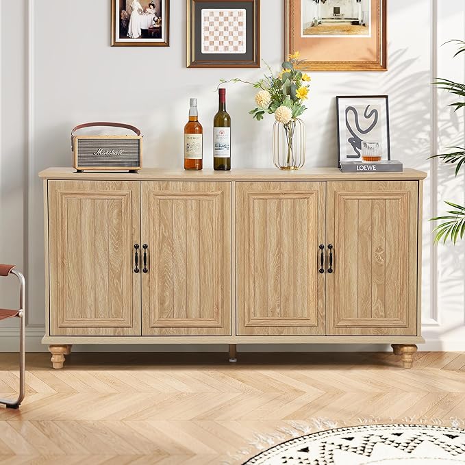 59" Sideboard Buffet Cabinet with Storage, Large Retro Credenza with 4 Doors & Adjustable Shelves Wood Rectangular Coffee Bar Table Console for Kitchen, Living Room, Hallway, Entry (Natural)