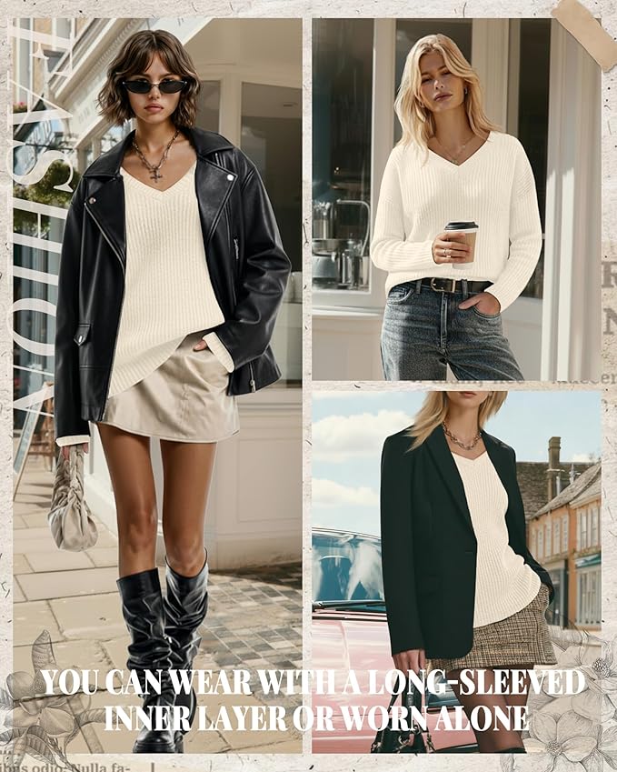 Women's V Neck Sweater Long Sleeve Knit Oversized Shirt Loose Lightweight Fall Casual Pullover Sweater Top