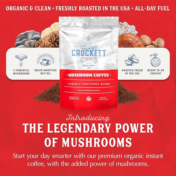 Crockett Coffee Organic Mushroom Coffee with MCT Oil | Antioxidant Rich Functional Blend of 7 Organic Mushrooms for Clear Focus, Gut Health & Clean Energy | Bold American Made Flavor, 30 Servings