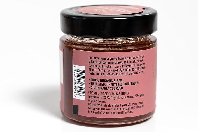 ORPHE Organic Honey with Rose Petals – Clean Simple Natural Sweetener for Coffee, Tea, Matcha and Breakfast, Unheated & Creamed 9oz Glass Jar