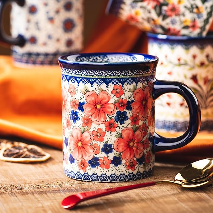 Ceramic Latte Mug Set of 4, 15.5oz Hand Painted Porcelain Coffee Cups With Handle for Tea/Milk/Cocoa - Modern Retro Design For Any Kitchen. Microwave and Dishwash Safe (Assorted Colors)