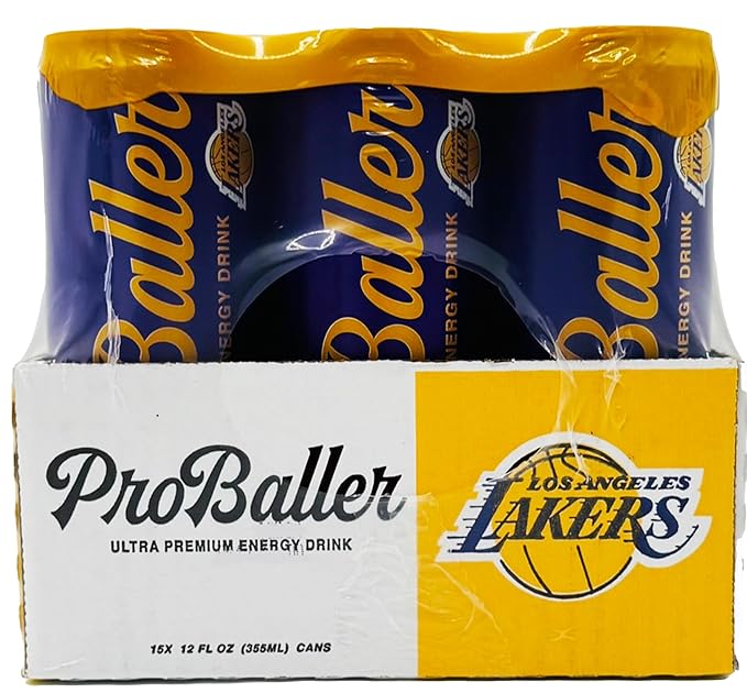ProBaller Ultra Premium Energy Drink - Natural Clean NSF Certified Sport Drink with Amino Acids, Taurine, Biotin, Organic Agave, Vitamin B 12 Methylcobalamin, & Electrolytes - 15 Pack - Lakers Edition