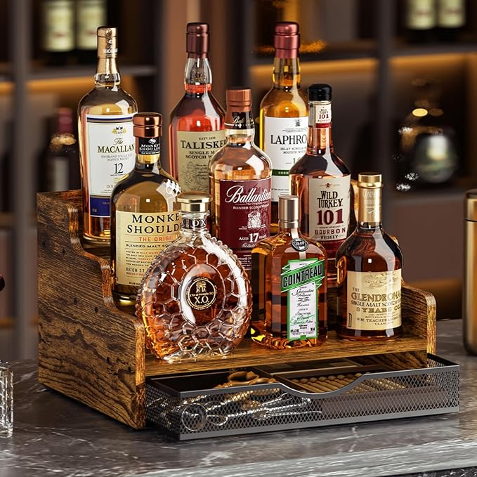 Liquor Bottle Display Shelf with Drawer, 3 Step Countertop Bar Shelves, Coffee Syrup Rack Organizer, Mini Bar, Retro Wine Rack Storage Shelves Stand for Liquor Whiskey Wine