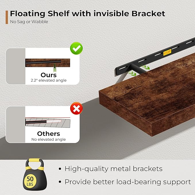 Fun Memories 55 Inch Floating Shelves for Wall, Fireplace Mantel Shelf with Invisible Heavy Duty Bracket, 8 Inch Deep Storage Shelf for Living Room, Kitchen, Farmhouse, Brown (2-Pack)