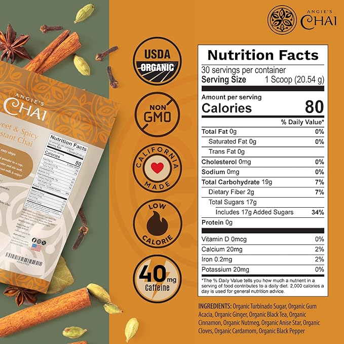 Angie's Chai Sweet & Spicy Organic Instant Chai Tea Powder - Made in USA, Delicious Spiced Chai Powder Mix, 30 Servings, 80 Calories, Handcrafted, Free of Artificial Ingredients, Natural Indian Spice