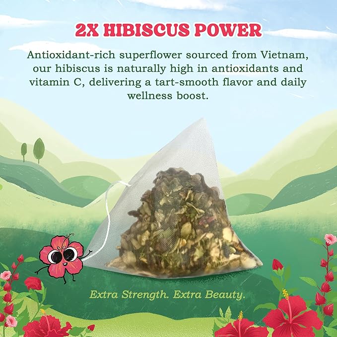 LoveinTea Hibiscus Herbal Tea Bags, 100% Natural Vietnamese Hibiscus Blend, Caffeine-Free, Plant-Based Pyramid Bags, 30 Count