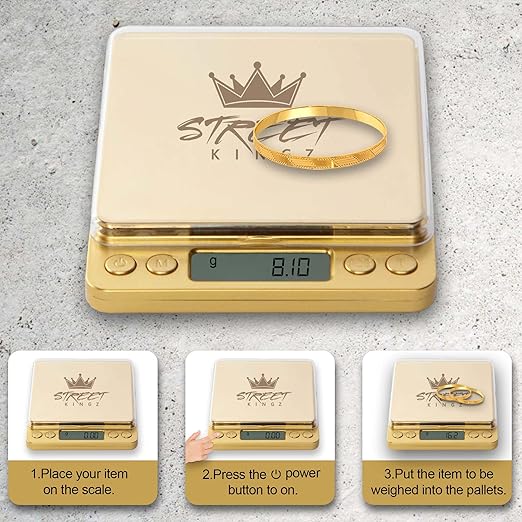 Street Kingz Gold Digital Jewelry Scale - High Precision 1000g Capacity Portable Food Scale with Multi- Unit Conversion & Piece Counting - Mini Scale Includes 2 Weighing Bowls