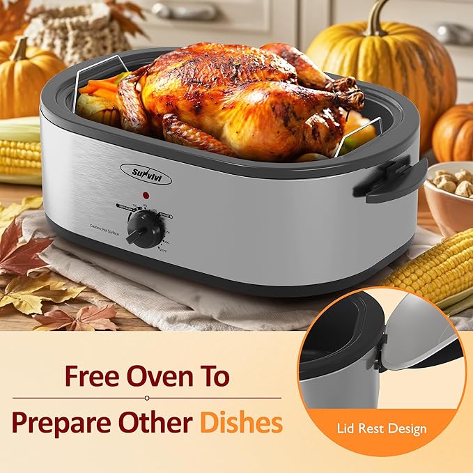Sunvivi 20 Quart Electric Roaster Oven Turkey Roaster with Lid Electric Roasters with Removable Pan Large Roaster, Self-Basting Lid, Fast Heating & Thaw/Warming Setting, Silver