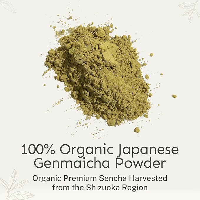 Yu Tea Organic Genmaicha Green Tea Powder, 75 Servings | Japanese Green Tea & Roasted Brown Rice | Low Caffeine & Unsweetened | Relaxation, Antioxidants & Digestion | Resealable Pouch, 2.65 oz