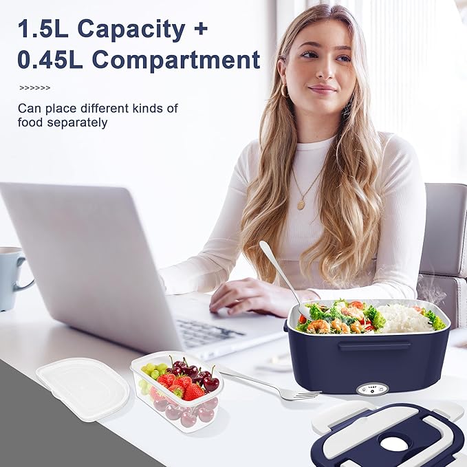 Electric Heated Lunch Boxes Adults: 80W Electric Lunch Box Food Heated 12/24/110V 1.5L Heatable Lunch Box for Car/Truck/Office Leak-Proof Stainless Steel Container, Fork & Spoon, Bag (Blue+White)