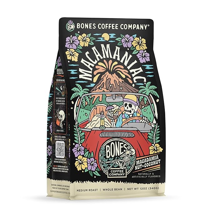 Bones Coffee Company Macamaniac, Macadamia and Coconut Flavored Coffee, Medium Roast Low Acid Arabica Beans Compatible with Auto drip and French Press Coffee Maker, 12 Oz Whole Bean