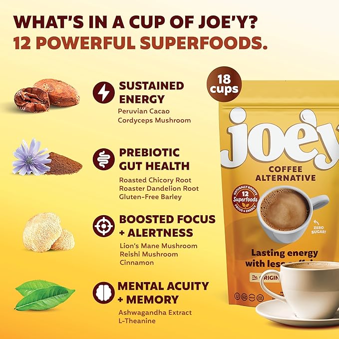 Joey Mushroom Coffee Alternative with Cacao Dandelion Root, and Chicory, Instant Mushroom Coffee Substitute with Superfoods, Vegan Gluten-Free Energy Drink for Focus and Calm, 18 Servings