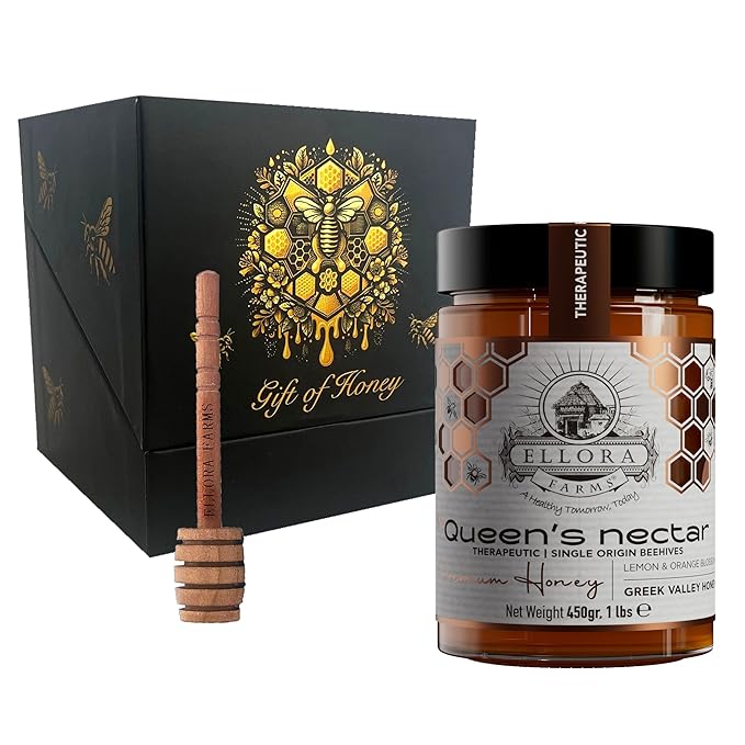 Ellora Farms Greek Honey, Lemon & Orange Blossom Raw Unpasteurized Honey, 2025 Paris Platinum Award, Non-GMO and Unpasteurized, Gift Pack with Dipper - 450g (16oz)