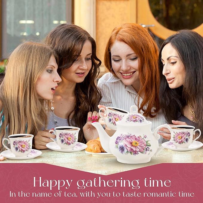 20-Pieces Tea Set For Adult with Golden Metal Rack,Porcelain Tea Sets For Women,Tea Gift Sets for Home&Party(K018)
