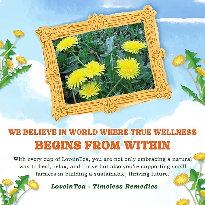 LoveinTea Dandelion Herbal Tea Bags, Detox Tea, 100% Natural Vietnamese Dandelion Blend, Caffeine-Free, Plant-Based Pyramid Bags, 30 Count