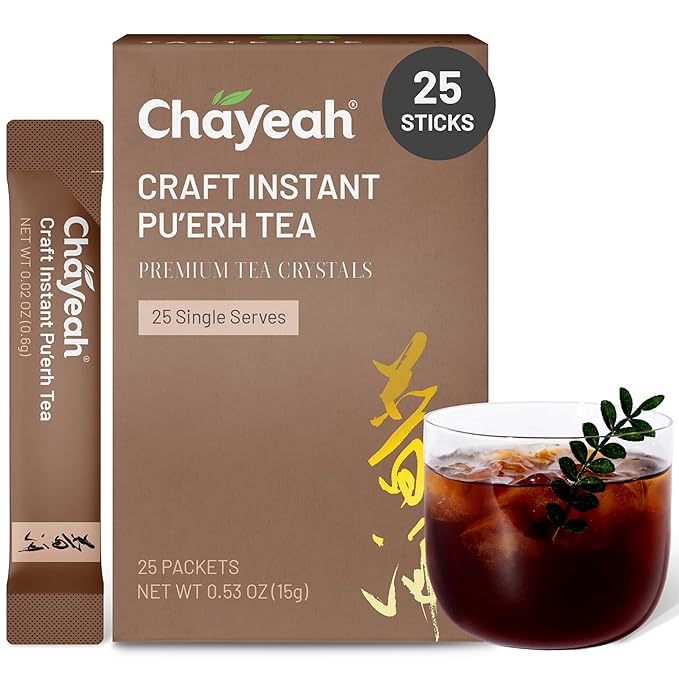 CHAYEAH, Craft Instant Pu'erh Tea, Quick Brew Tea Crystals, No Sugar, Natural Caffeine, Hot or Cold (25 Packets)