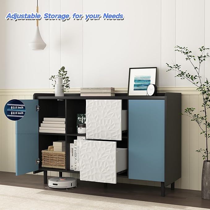 47" Modern Sideboard Buffet Cabinet, Black Accent Storage Cabinet with Blue Door & 2 Push-to-Open Drawers, Console Table for Dining Room, Living Room, Entryway, Office