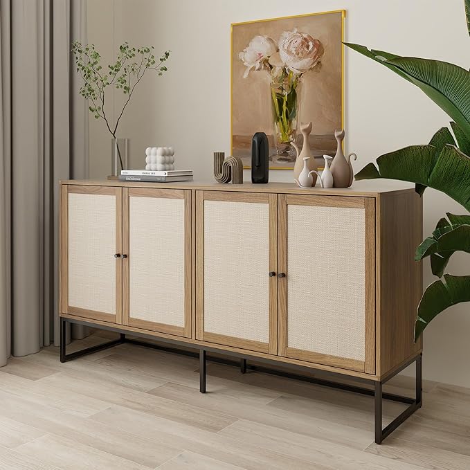 Modern Sideboard, Accent Storage Cabinet with Rattan Doors and Adjustable Shelves, Freestanding Sideboard Storage Cabinet for Kitchen Dining Living Room Hallway Office (Walnut)