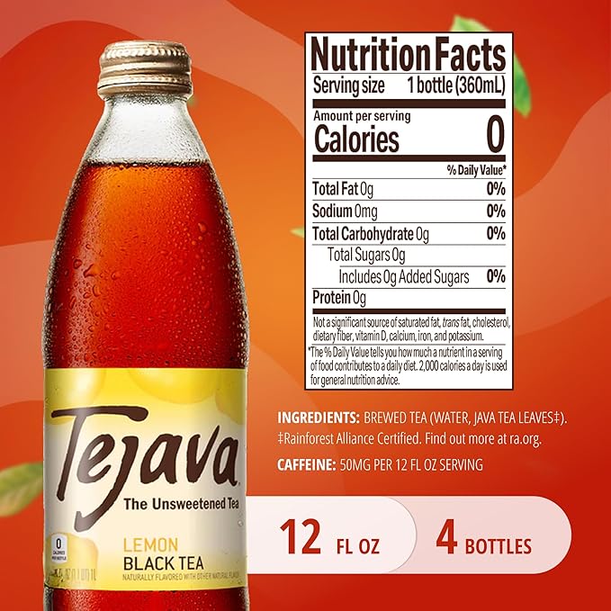Tejava Lemon Black Iced Tea, 4 Pack, 12oz Glass Bottles, Unsweetened, Non-GMO, Kosher, No Sugar or Sweeteners, No calories, No Preservatives, Brewed in Small Batches