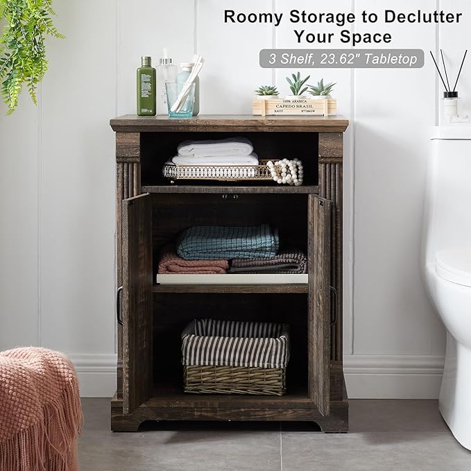 24" Farmhouse Storage Cabinet – Dark Rustic Oak Freestanding Buffet Sideboard with Barn Doors, Adjustable Shelf, Small Coffee Bar for Kitchen, Bathroom & Living Room