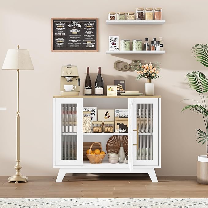 GarveeHome 36 Inch Coffee Bar Buffet Cabinet with Fluted Glass Doors and Gold Handles, Modern Sideboard Storage with Adjustable Shelves, for Kitchen Dining Room Living Room Entryway
