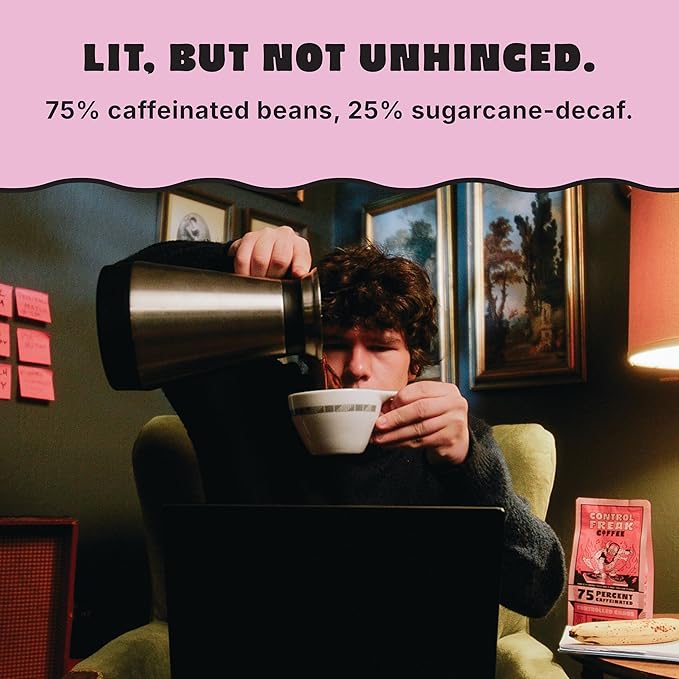 Control Freak Coffee Controlled Chaos 75% Caffeine, Whole Bean Coffee (12 oz) – Reduced Low Caffeine Coffee Blend, Sugarcane Decaf – Freshly Roasted Specialty, Bold, Smooth Roast