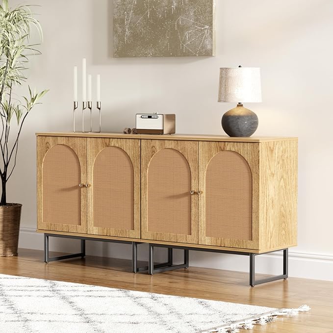 Sideboard Buffet Cabinet with Rattan Doors, Rattan Buffet Bar Cabinet, Boho Credenza Cabinet with Metal Legs for Living Room, Hallway, Entryway, Natural Set of 2