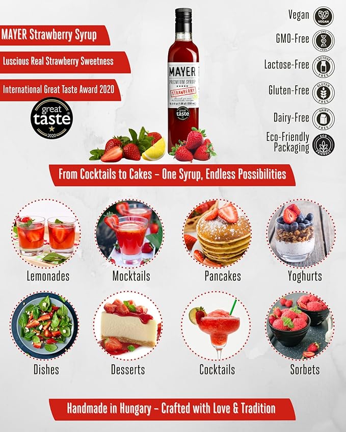 Mayer Premium Hungarian Strawberry Syrup - Award-Winning Artisanal Fruit Syrup, All-Natural, Crafted with 100% Real Fruits, Vegan, Gluten-Free – Perfect Coffee Syrup, Cocktails & Dessert Topping (1 Pack)
