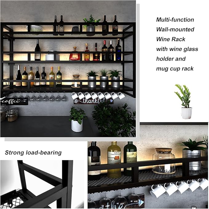 Wall-Mounted Wine Rack with LED Light, 3-Tier Wall Bar Shelves for Liquor Bottles & Glasses, Modern Industrial Black Floating Display Shelf for Home Bar, Dining Room& Kitchen, 39 x 9.8 x 35 in