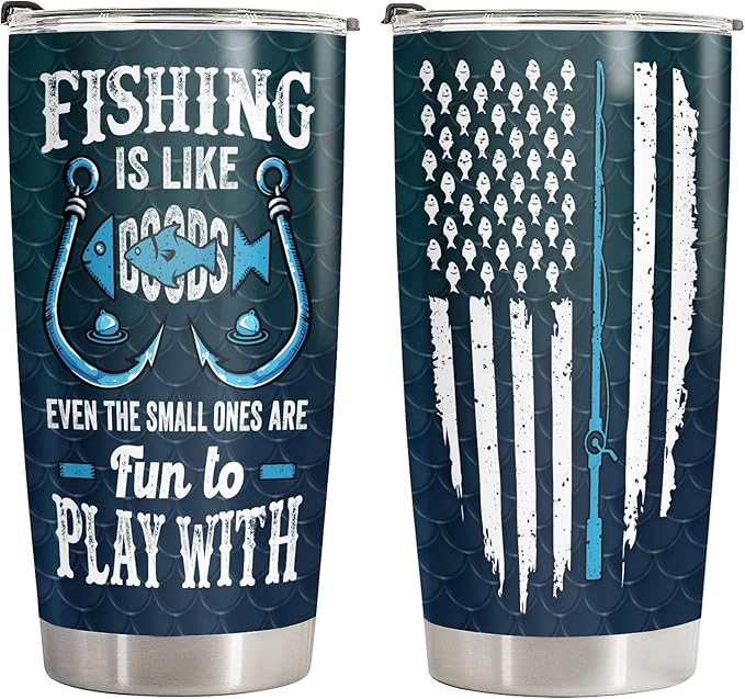 34HD Bass Fishing Tumbler with Lid, 20 oz Stainless Steel Vacuum Insulated Amerian Flag Mug, Cool Fishing Gifts for Men, Fisherman Gifts for Birthday Fathers Day Christmas