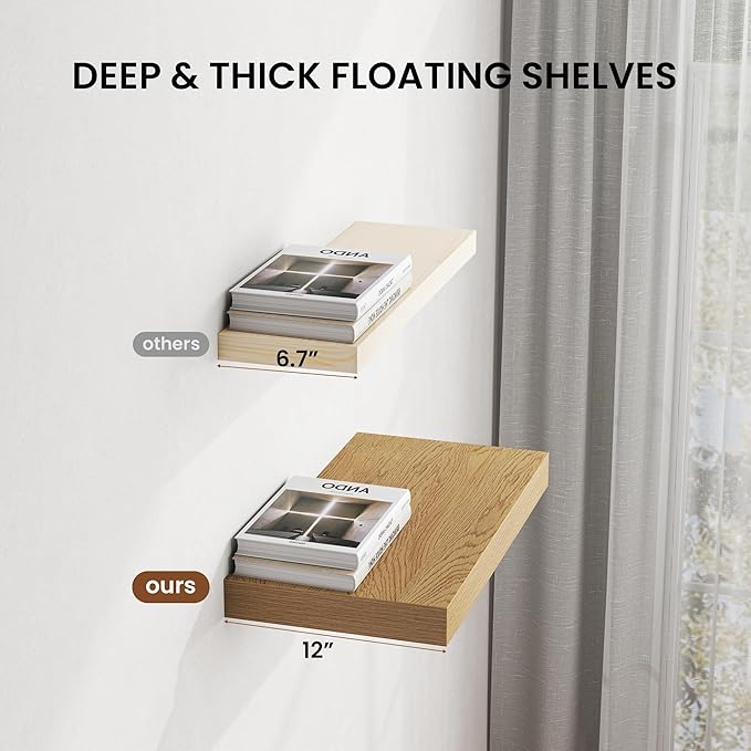 Dreamland 36" Floating Shelves for Wall, 12" Deep Thicker Oak Floating Shelves, Wall-Mounted Shelves for Bedroom, Living Room, Kitchen, Bathroom - Set of 2