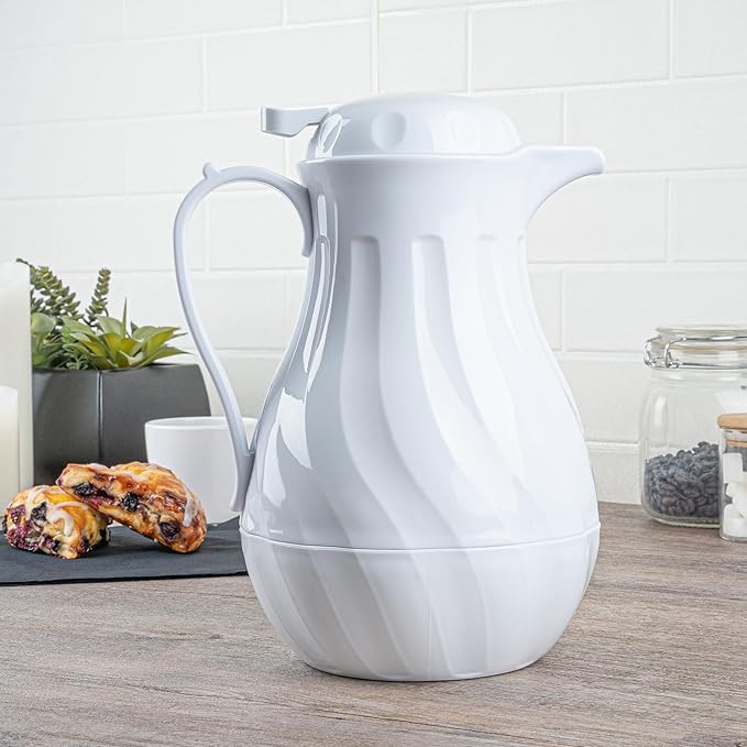 Restaurantware-Restpresso 64 Ounce Coffee Carafe, 1 Insulated Coffee Server - Push-Button Top, Swirl Design, White Plastic Pitcher, Built-In Handle, With Identification Tags